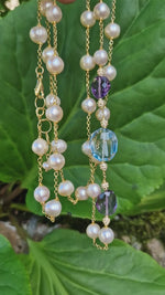 Collana lunga con perle barocche, topazio e ametista