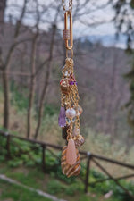 Collana con pendente staccabile, giada, ametista, pietra di luna, perla e cristallo di rocca