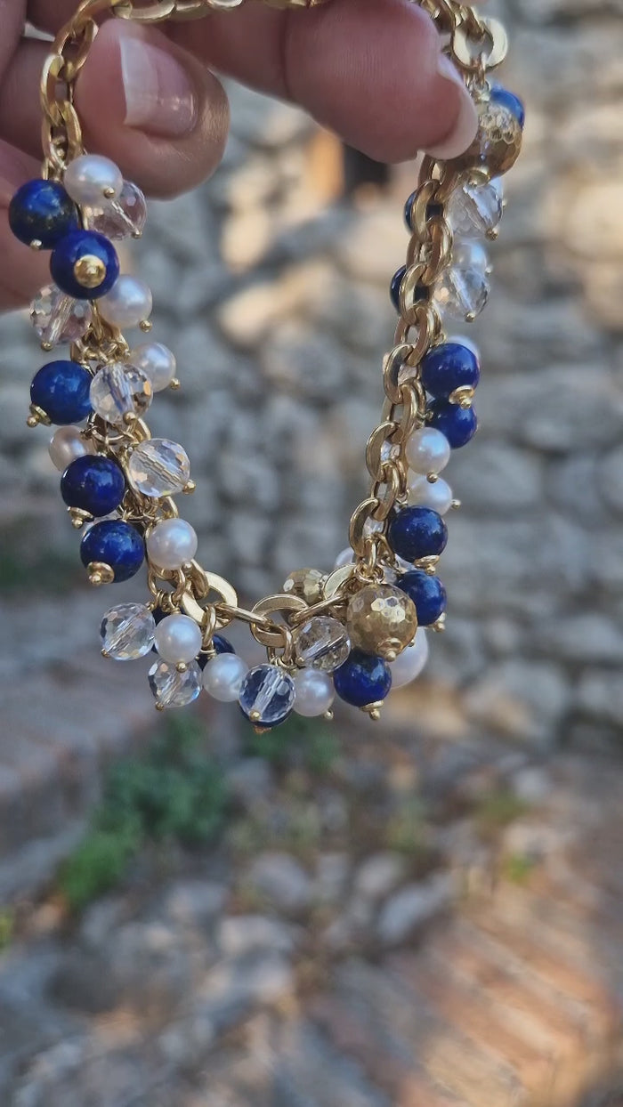 Bracciale con perle, lapislazzuli e cristallo di rocca dipinto oro 24k