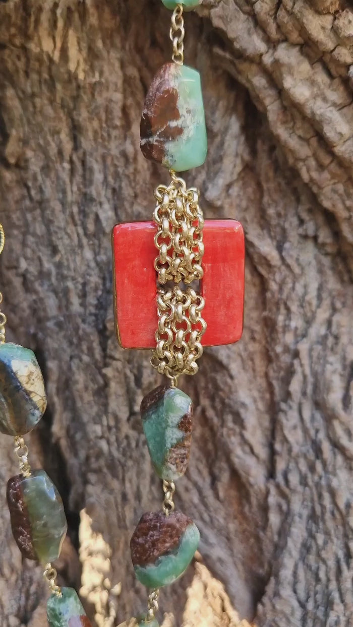 Collana donna con crisoprasio e ceramica dipinta a mano con oro 24k