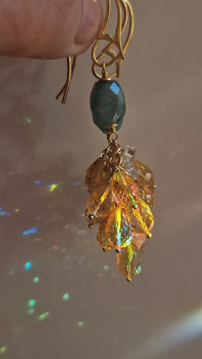 Orecchini pendenti con smeraldo, diamante di Herkimer e quarzo citrino